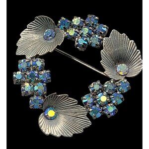 West Germany AB Rhinestone Leaf Brooch Textured Silver Tone Pin Vintage